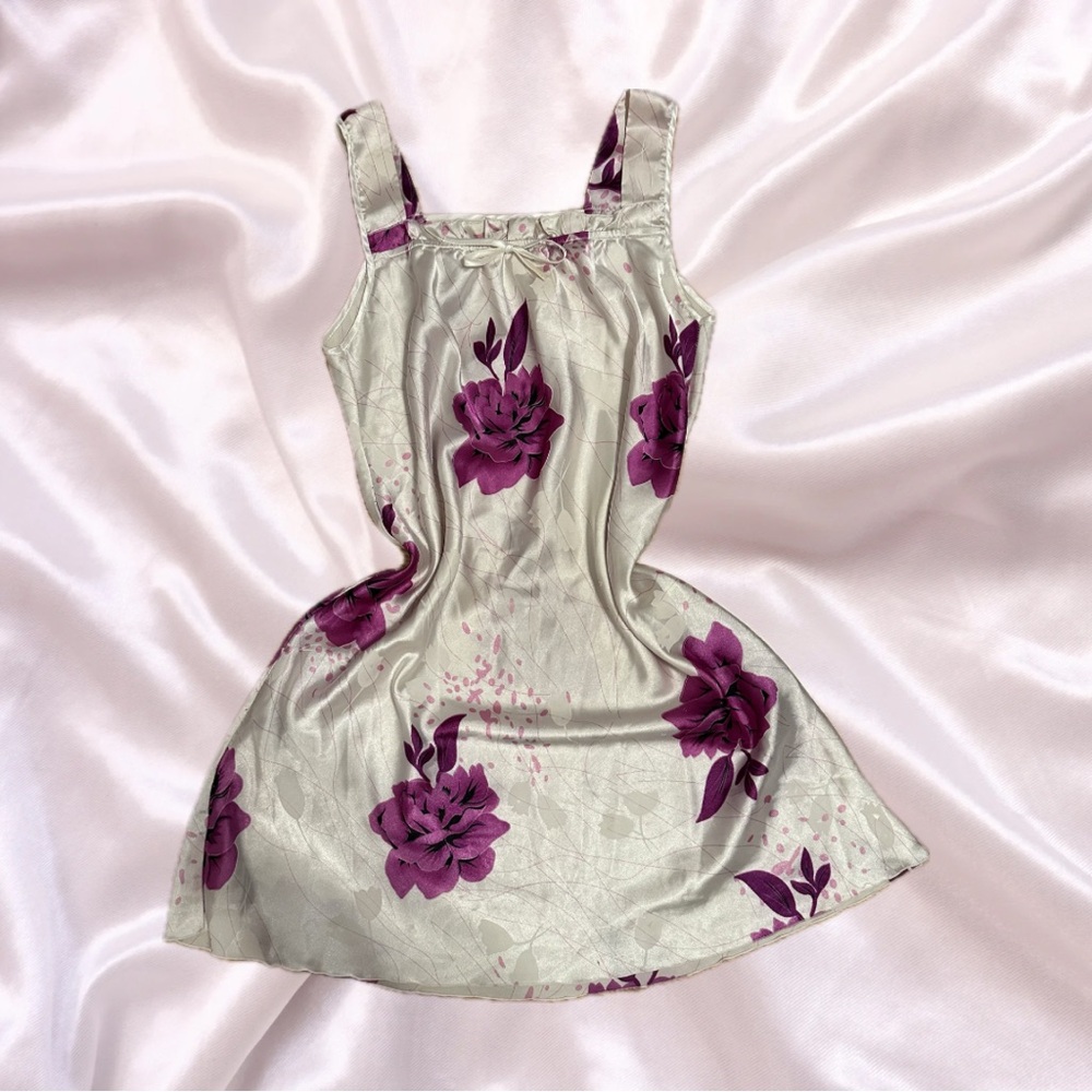 90s Cream and Magenta Floral Print Slip Lingerie Dress